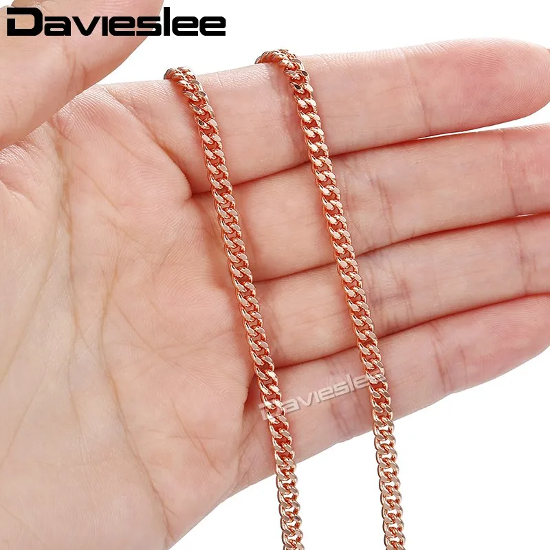 Davieslee Womens 585 Rose Gold Color Necklace Curb Cuban Link Chain for Women Jewelry Gift 3mm 18-36inch LGN220