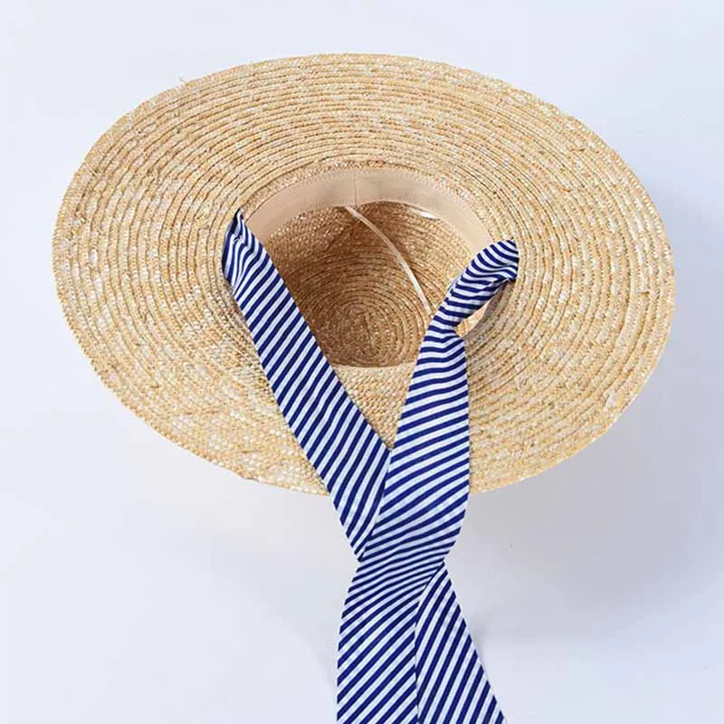 2019 New Women Wide Brim Wheat Straw Hats Summer Beach Sun Hat with Navy Blue Striped Ribbon Tie Boater Hat Vocation Derby Cap