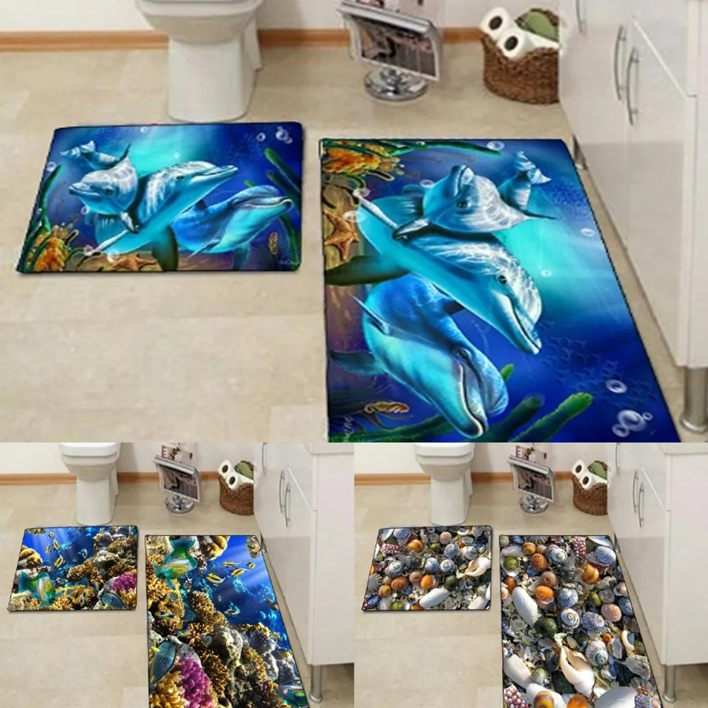 

Else Under Sea Dolphins Sea shells Aquarium 3d Print Non Slip Microfiber 2 piece Bath Mat set for Bathroom 90x60cm 50x60cm