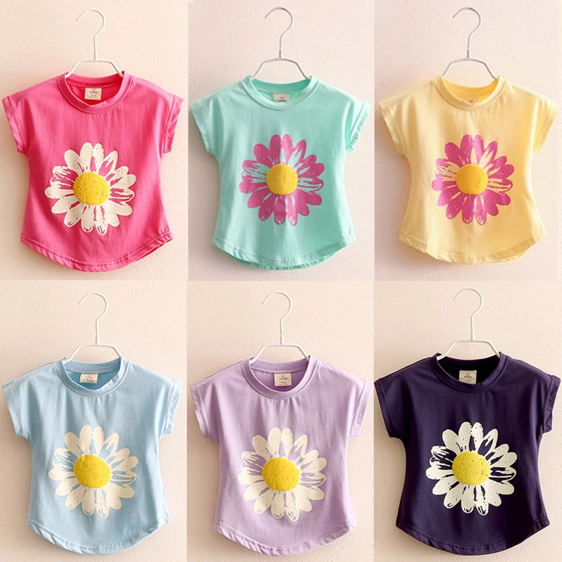 2023 Summer 2 3 4 6 8 10 Years Children\'S Clothing Kids Tops Short-Sleeve Cotton Basic Flower T-Shirt  For Kids Girl