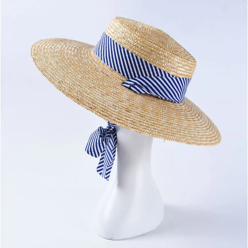 2019 New Women Wide Brim Wheat Straw Hats Summer Beach Sun Hat with Navy Blue Striped Ribbon Tie Boater Hat Vocation Derby Cap