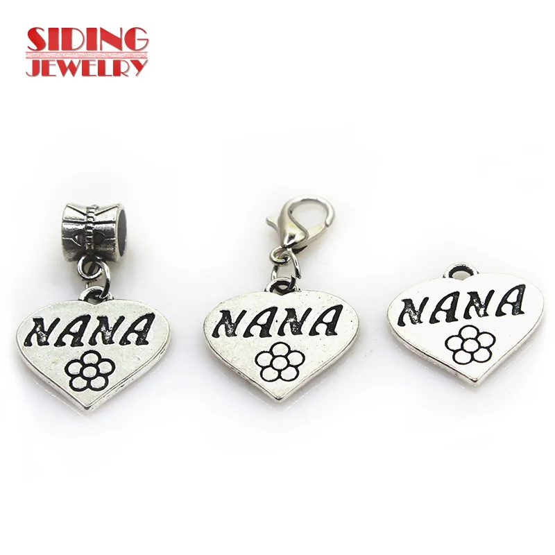 2018 New 20pcs/lot Silver NANA Heart Dangle Charms Lobster Clasp DIY Bracelet Necklace Pendants Jewelry Hanging Charms