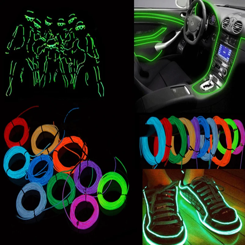 1/2m/3m/5m 3V AA controller Flexible Neon Light Glow EL Wire Rope Tube tape waterproof LED Neon Lights Shoes Clothing Car Decor