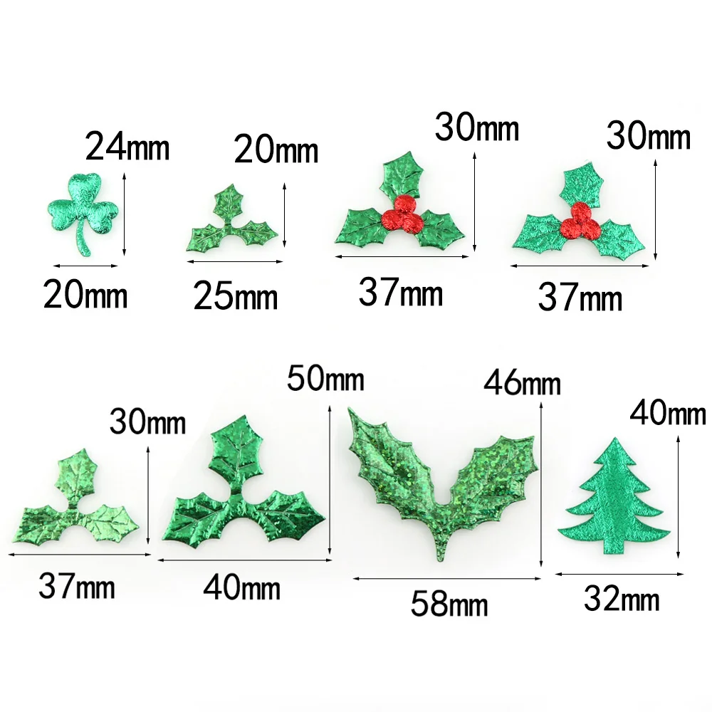 100pcs Table Decoration Holly Berries and Leaves Appliques for Christmas Decoration ,Stick-on DIY  Laser Green Color