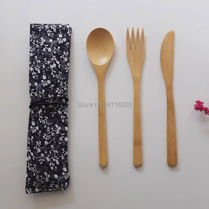 3Pcs/set Dinnerware Set Bamboo Fork Knife Soup Teaspoon Catering Cutlery Set With Cloth Bag Kitchen Cooking Tools Utensil