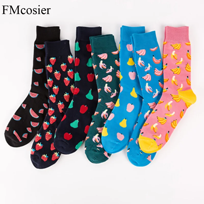 7 Pairs Men's Winter Spring Fruit Socks Funny for man Cotton Long Socks Set Gifts enough Size 43 44 45 46 Black Blue Green