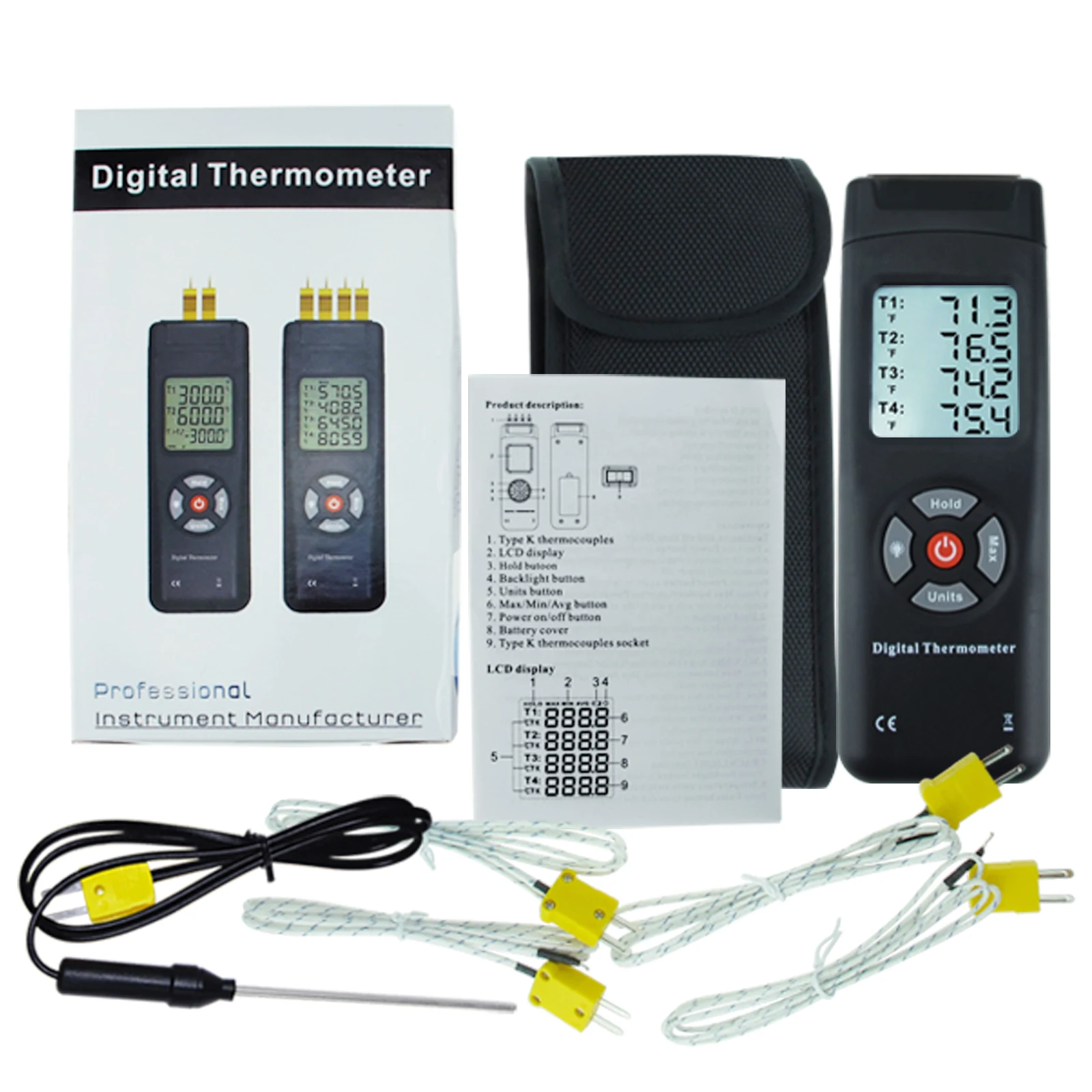 Digital Thermocouples K-Type 4 Channel Thermometer Backlight K-Type Metal And Bead Probe Temperature Instrument