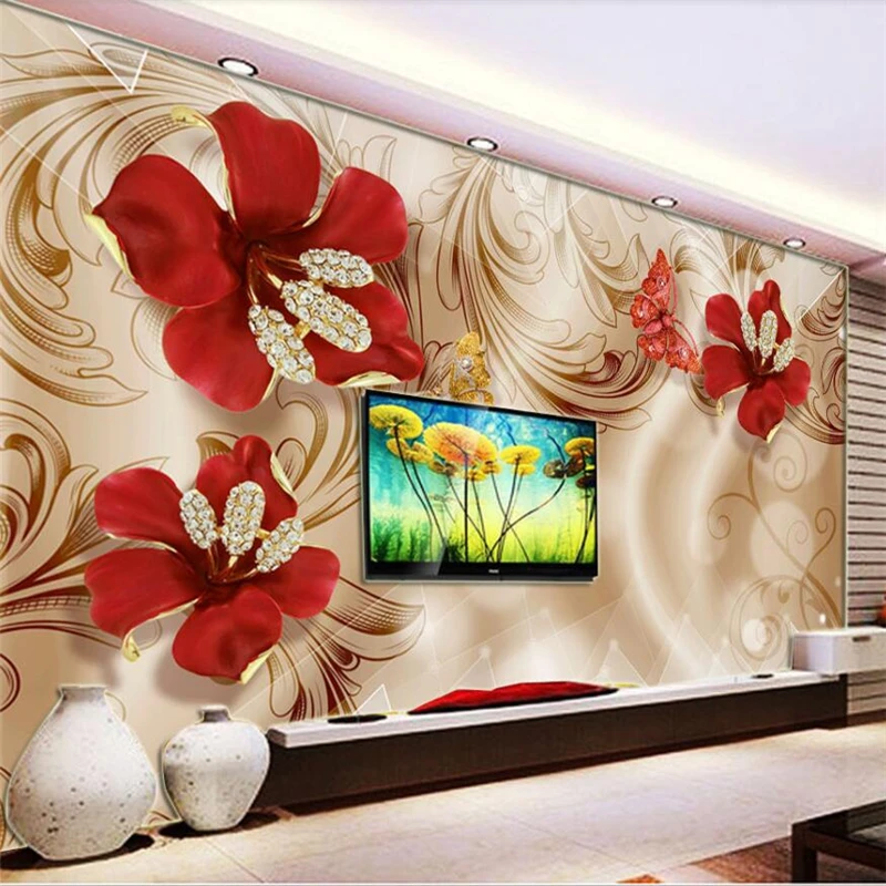 

wellyu 3d European Palace Wind Golden Jewelry Flower TV Wall Custom Large Mural Green Wallpaper papel de parede para quarto