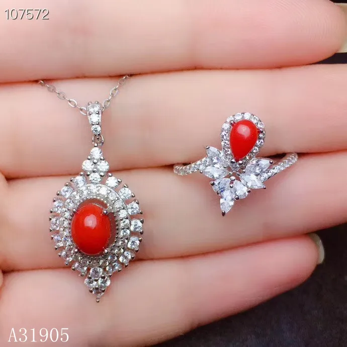 

KJJEAXCMY Boutique Joyería Plata De Ley 925 Con Incrustaciones Coral Rojo Natural Anillo Lujo Femenino Conjunto Prue