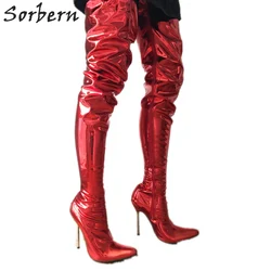 Sorbern 12Cm Silver Metal Stiletto Boots Women Extra Long 80Cm Crotch Thigh High Dance Show Boot Unisex Metallic Red Customize