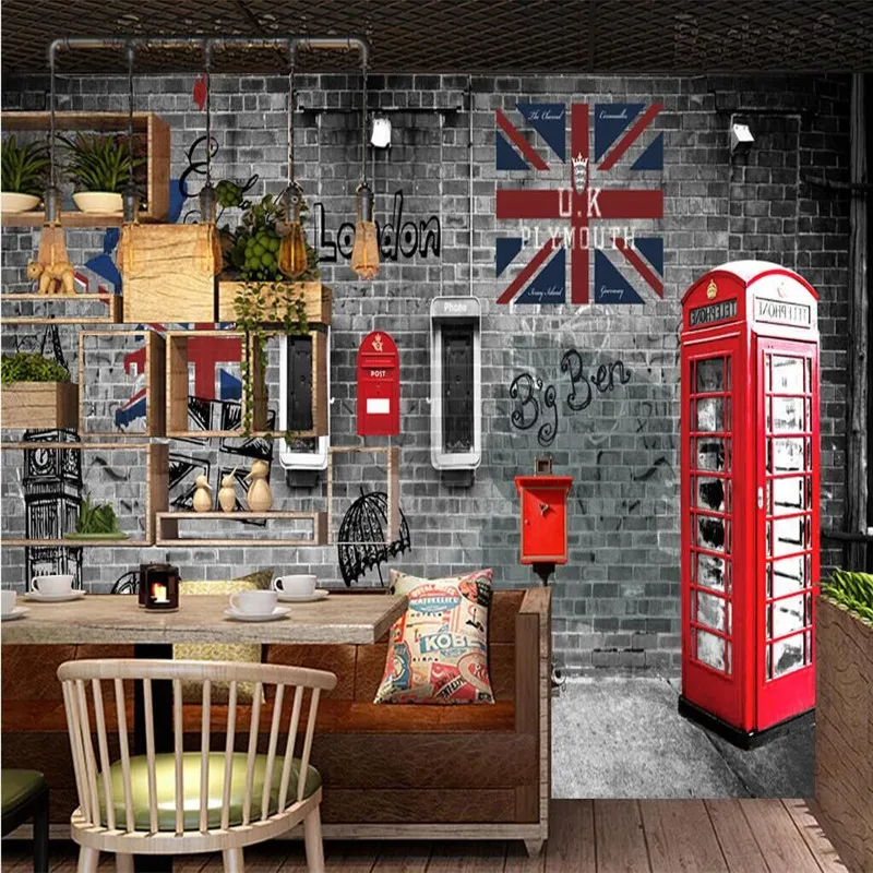 

European and American retro retro London phone booth cafe restaurant wall professional production wallpaper mural