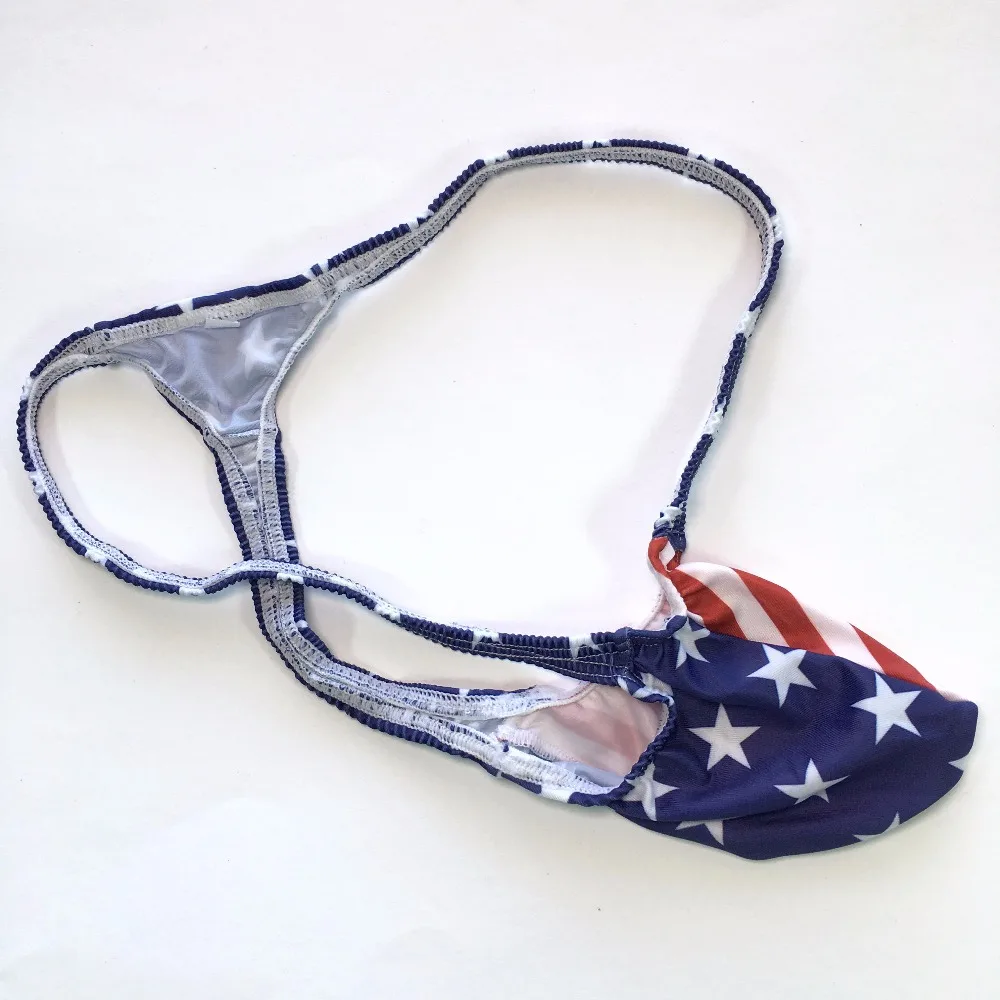 Mens G4034 USA Flag Star Stripes Sexy Thong Bulge Pouch T-back Grape Smugglers stretchy swim underwear