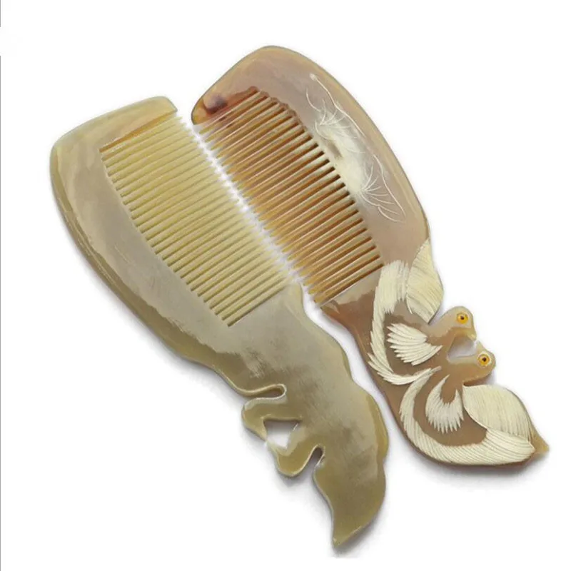 2pcs Lover birds design Natural Buffalo horn Comb Wide Tooth No-static head Massage Hair Brush Health care Hair Styling combs