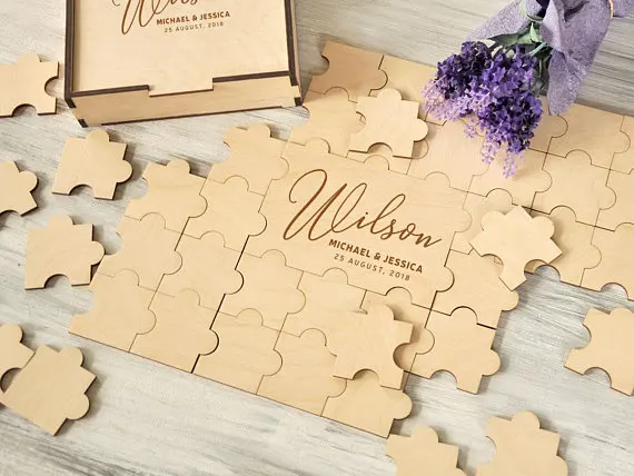 personalize rustic wood jigsaw puzzles wedding guest books Alternative signature guestbooks with sign board party photo props