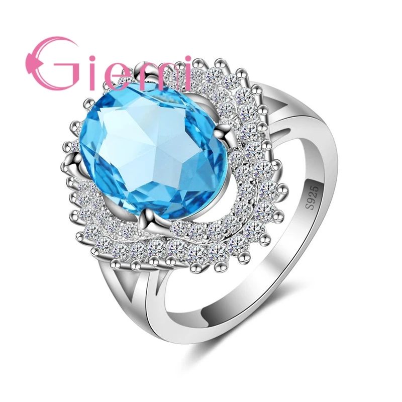 Top Quality Princess Blue Luxury Crystal Rings 925 Sterling Silver Jewelry For Lady Created Newest Fashion Design