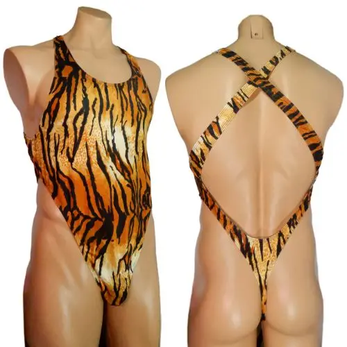 Mens G7284 bodysuit Thong Leotard High Cut X Cross Back Swimsuit Swim Fabric Printed Tiger