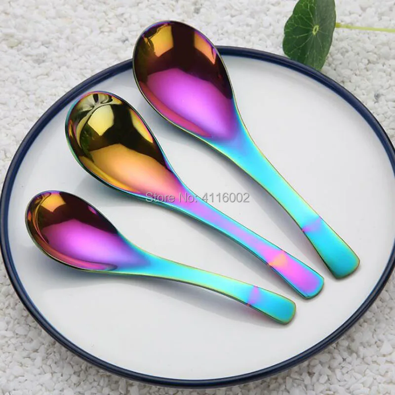 100pcs Rainbow Color Soup Spoon Stainless Steel Large Long Handled Spoons Kids Spoon For Rice Porridge Noodles