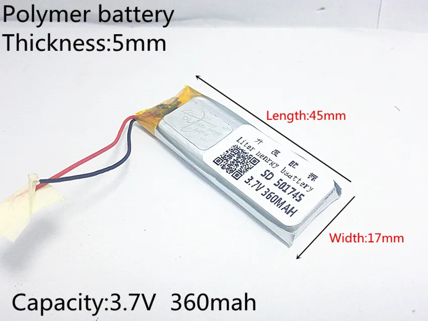 3.7V 360mAh 501745 Lithium Polymer Li-Po li ion Rechargeable Battery cells For Mp3 MP4 MP5 GPS