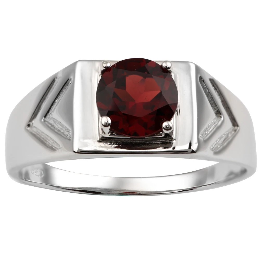 Men's 925 Silver Ring Natural Red Garnet Gemstone 7.5mm Crystal January Birthstone Capricorn R513RGN