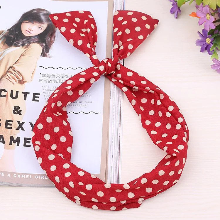 1Pc Cute Dot Dots lip print flower Bunny Rabbit Ear Ribbon Headwear Hairband Metal Wire Scarf Headband Hair Band Accessories