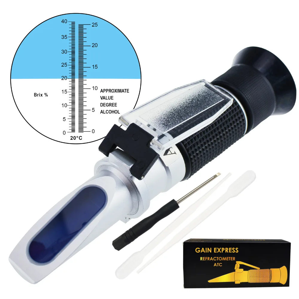 Grape Fruit Juice Alcohol Refractometer w/ ATC, Handheld Optical Meter Tester Dual Scale 0-25% VOL 0-40% Brix Glucose Winemakers