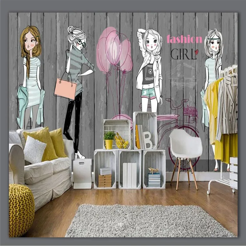 Hand-painted wooden board fashion girl clothes shop wall professional production wallpaper mural