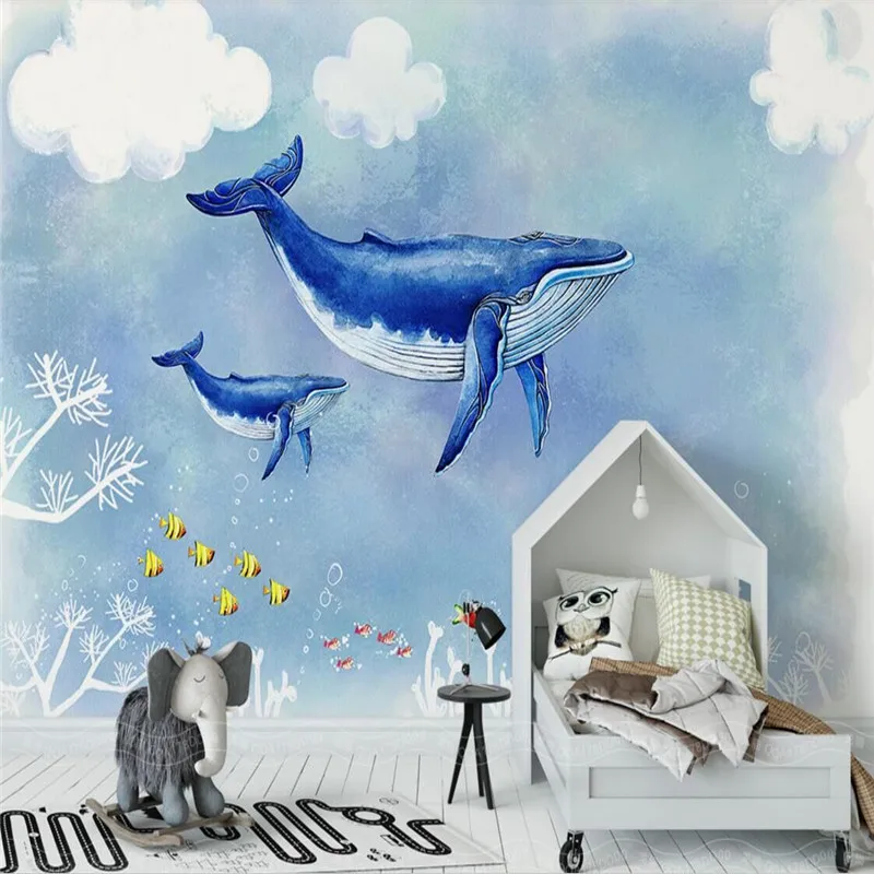 

Hand-painted cartoon undersea sky whale background wall decorative painting professional production wallpaper mural custom photo