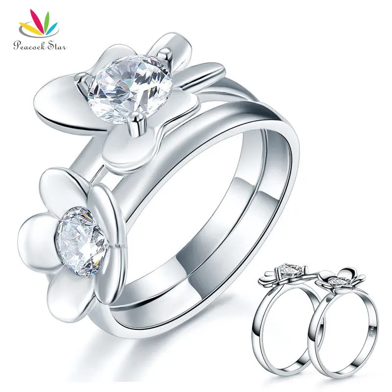 Peacock Star Solid 925 Sterling Silver 2-Pcs Butterfly Flower Ring Set Lady Jewelry New Design 2020 CFR8281