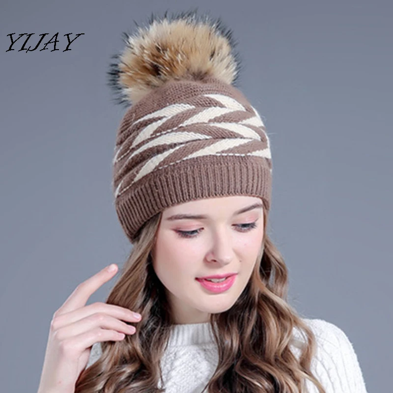 

Winter double-deck rabbit fur knitted winter hat for women real fur pom poms hats bonnet hat caps for girl skullies beanies