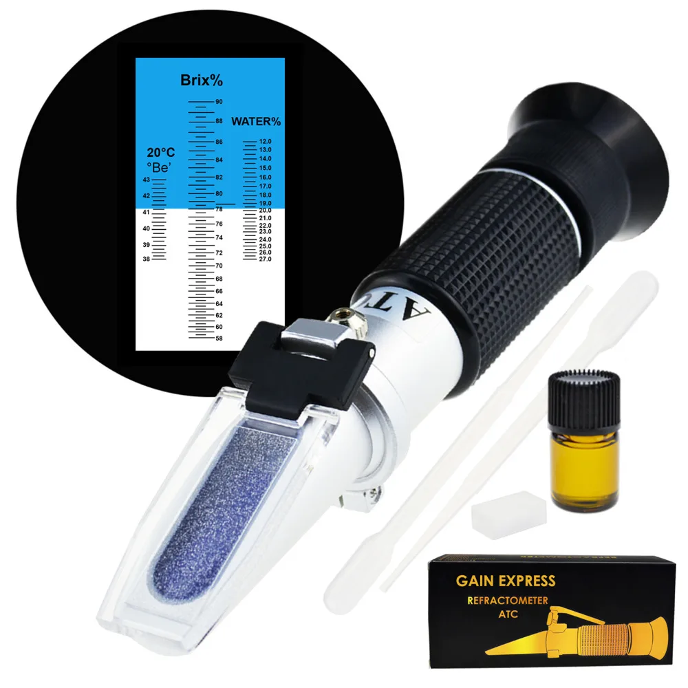 

3-in-1 Honey Refractometer Brix/Moisture/Baume Tester Meter ATC, Sugar Water Content Level, Tri-Scale 58-90%/12-27%/38-43Be'