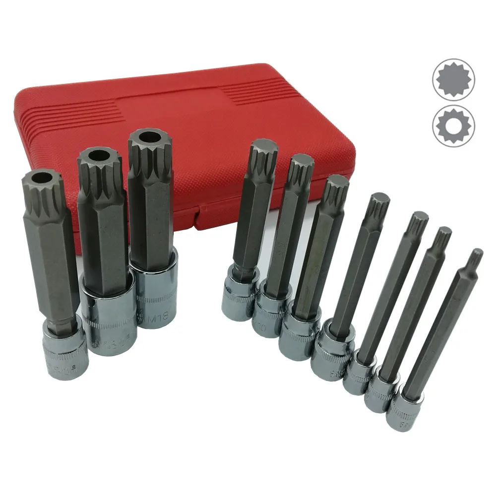 10Pcs 4 Inch Extra Long XZN Triple Square Spline Bit Socket Set, S2 Steel Bits,Chrome Vanadium Sockets 4mm-18mm Hand Tool  Set