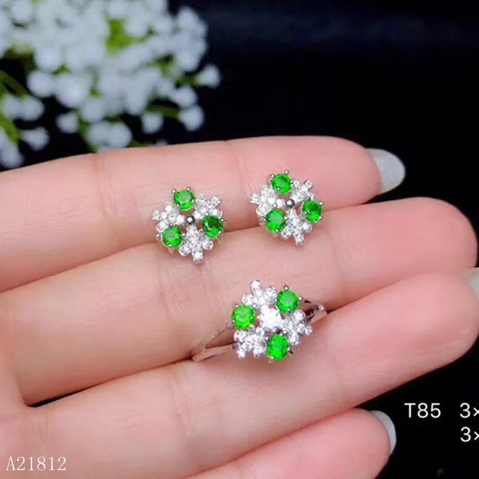 KJJEAXCMY exquisite jewelry  Supporting Detection of 925 Silver-inlaid Natural Diopside Girl Ring Ear Nail Set