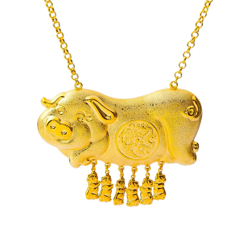 Vintage Pig Baby & Pig Mother Pendant Necklace Yellow Gold Filled Women Luxury Wedding Party Jewelry