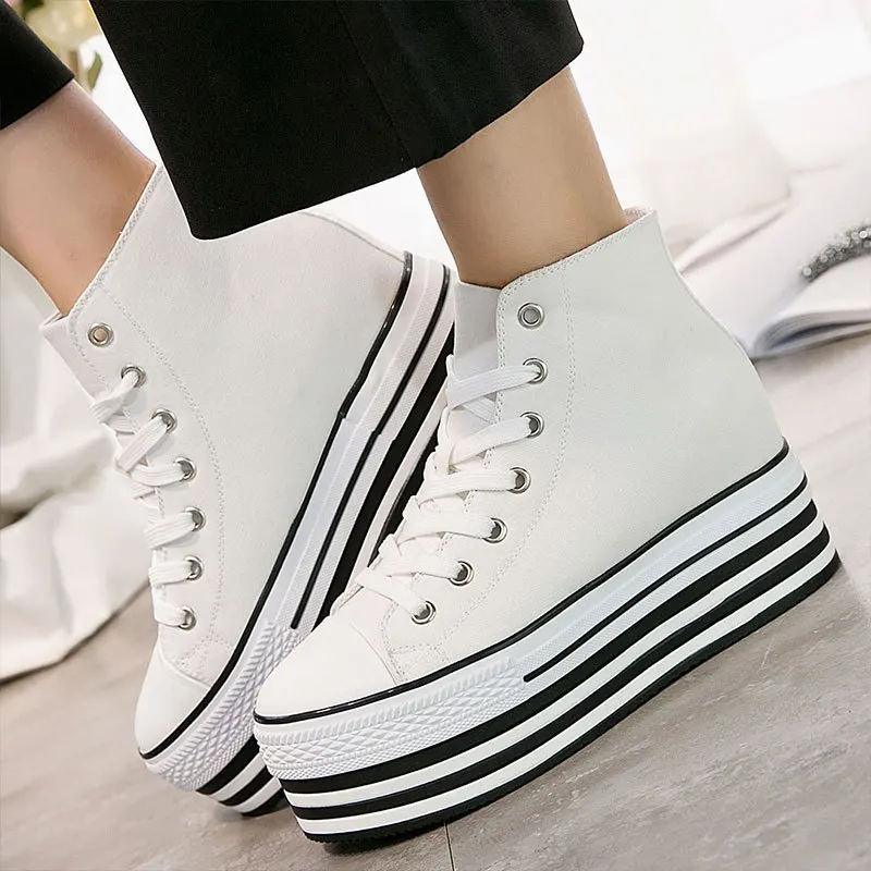 2019 Autumn Wedges Canvas Shoes Woman Platform Sneakers Zipper Shoes Hidden Heel Height Increasing Casual Shoes Flats MB-99