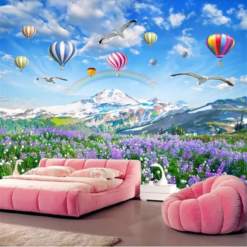 Plateau Lavender Flower Sea Hot Air Balloon Landscape Living Room TV Wall Manufacturers Wholesale Wallpaper Mural Custom Photo W