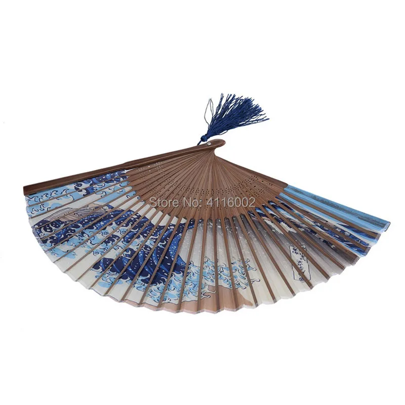 50pcs Wedding Favors Japanese Mount Fuji Kanagawa Blue Waves Silk Fan Bamboo Foldable Hand Fan Portable Fan