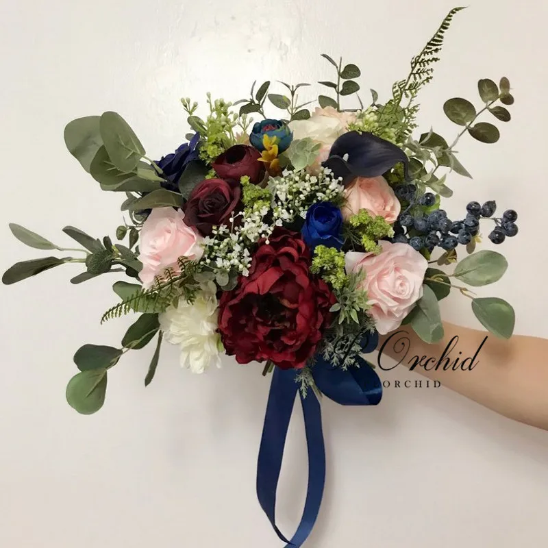 Buquê de flores de orquídea, buquê romântico de casamento borgonha, rosa azul, peônias jardim, buquê de flores de noiva para damas de honra, boho 2019