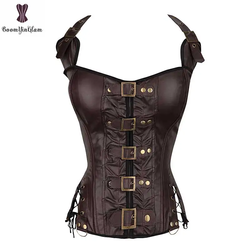 

Dropshipping Halterneck Brown Black Leather Corselet Clubwear Costume Gothic Corset Buckle Women Outfit Bustier Wholesale Price