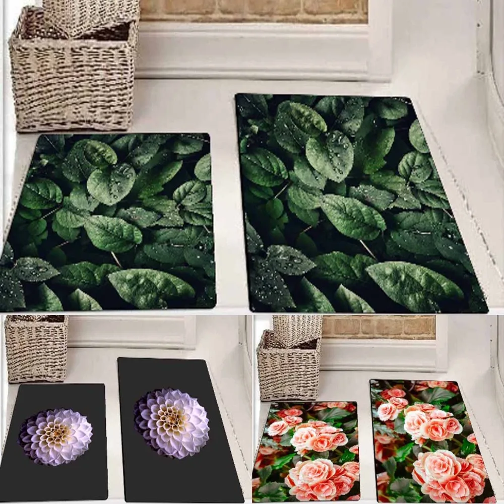 

Else Green Leaves Pink Roses Purple Flower Floral 3d Print Non Slip Microfiber 2 piece Bath Mat set for Bathroom 90x60cm 50x60cm