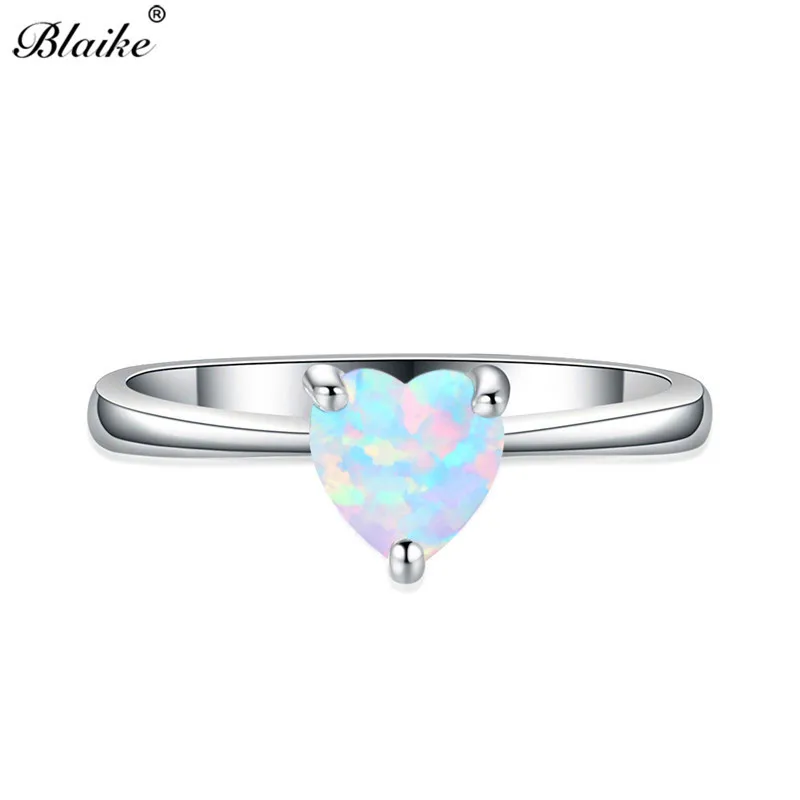 Mystic Fire White Blue Opal Stone Rainbow Zircon Heart Rings For Women Silver Color Birthstone Thin Ring Wedding Bands Jewelry