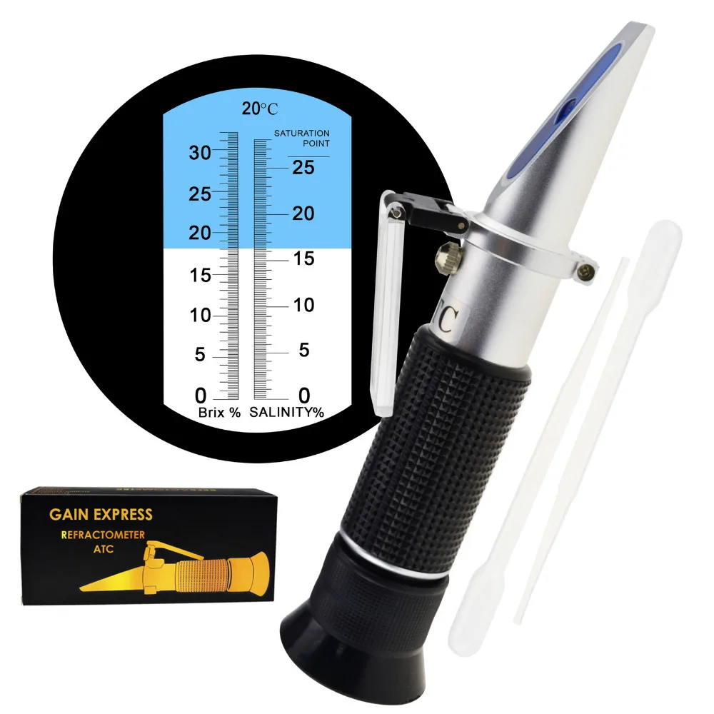 2-in-1 Brix Salinity Refractometer Dual Scale 0-32% Brix & 0-28% Salinity with ATC Sodium Chloride in Food Salt Seawater