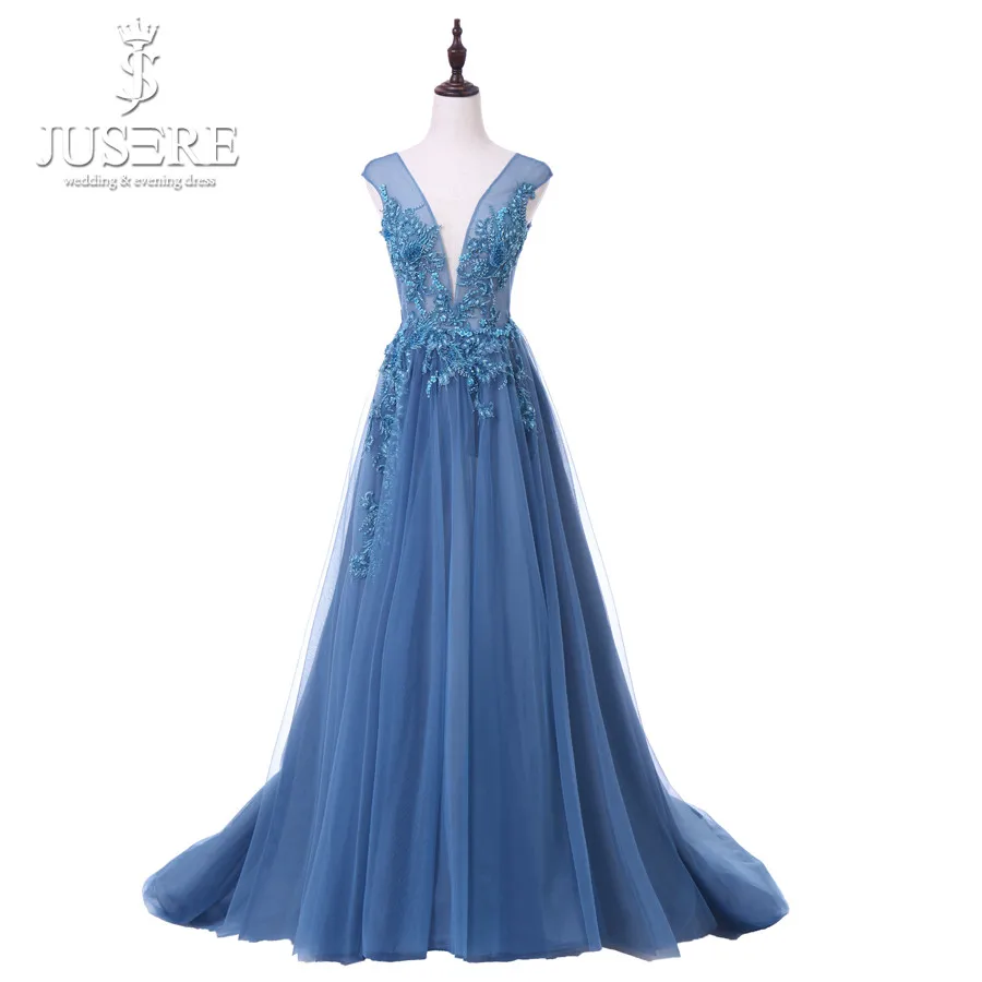 Jusere Royal Blue See Through V-Back Long Evening Dress Sexy Floor Length Prom Dresses