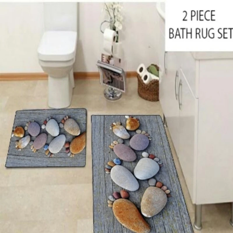 

Else Gray Wooden on Brown Cream Foot Stones 2 Pcs 3d Pattern Print Bath Mats Anti Slip Soft Washable Bathroom Mat Toilet Rugs