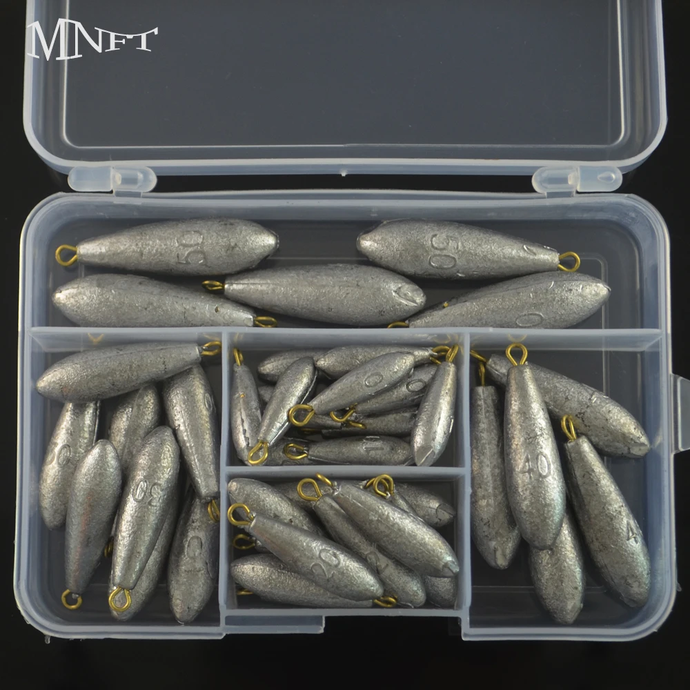 

MNFT 40Pcs/Box Fishing Drop Shot Sinker Weight 10g/20g/30g/40g/50g Copper Ring Waterdrop Lead Sinkers Kit With Box