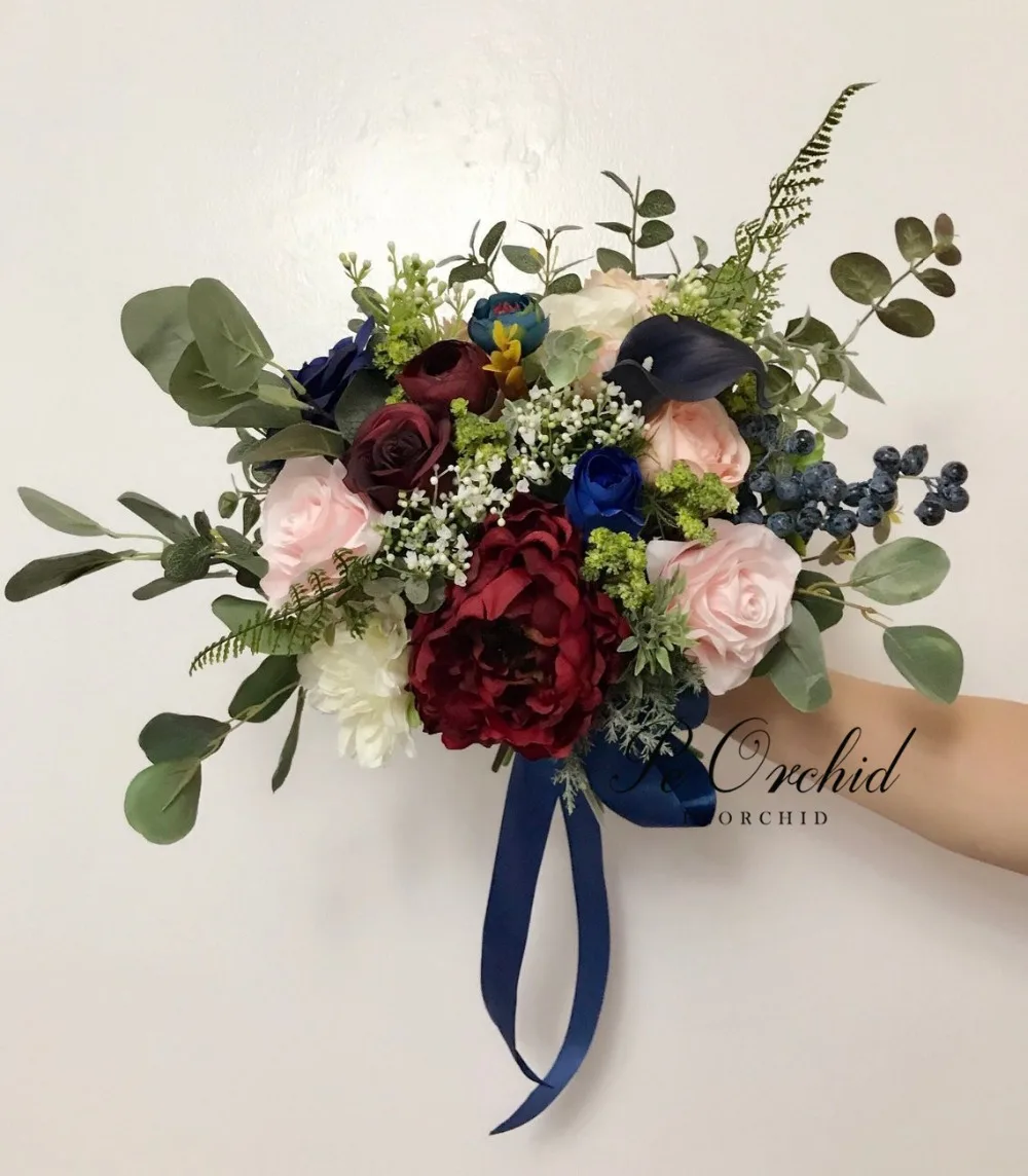 Buquê de flores de orquídea, buquê romântico de casamento borgonha, rosa azul, peônias jardim, buquê de flores de noiva para damas de honra, boho 2019