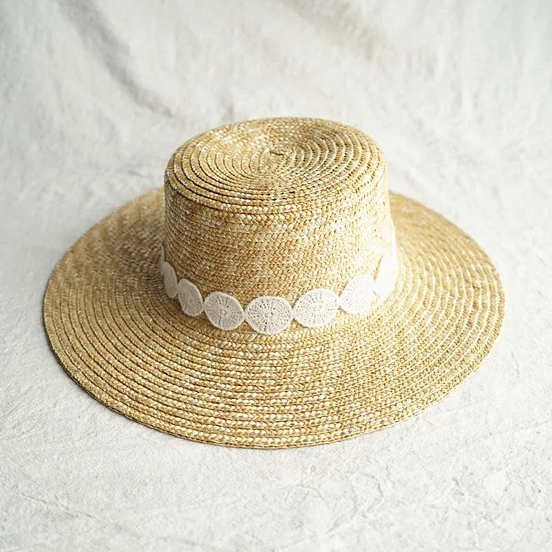 Sun Hat for Women Wide Brim Straw Boater Hat Elegant Black White Lace Flat Beach Hat Ladies Summer Cap for Vacation Church Derby