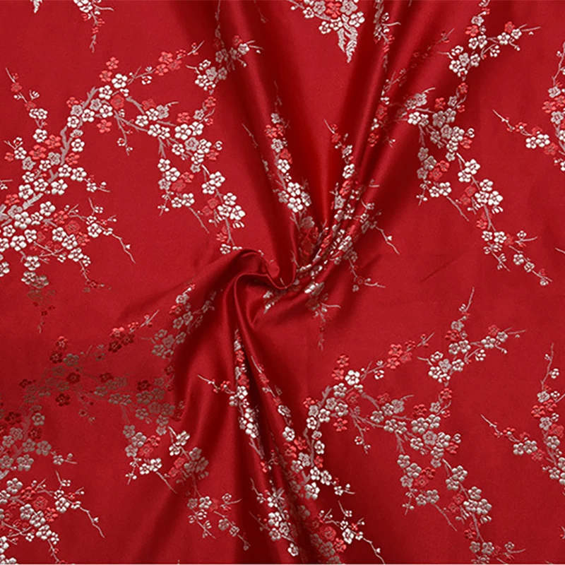 new arrival polyester brocade red plum blossom fabric for felt patchwork tissue telas dress skirt bed sheet cos play 100x75cm