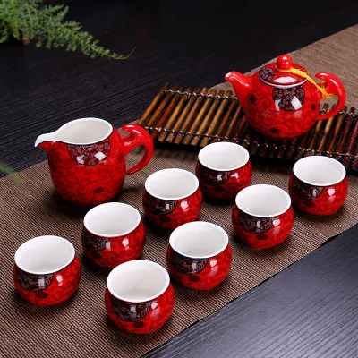 Chinese wedding dowry red marry celebration new tea cup suit pot tea set kettle kung fu ceramic teapot tray teaset gift