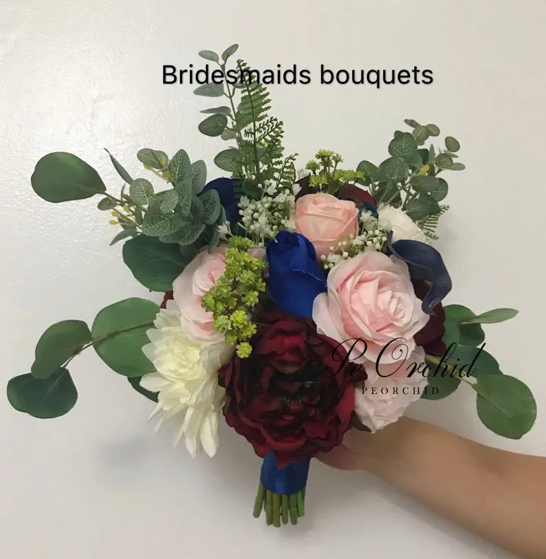 Buquê de flores de orquídea, buquê romântico de casamento borgonha, rosa azul, peônias jardim, buquê de flores de noiva para damas de honra, boho 2019