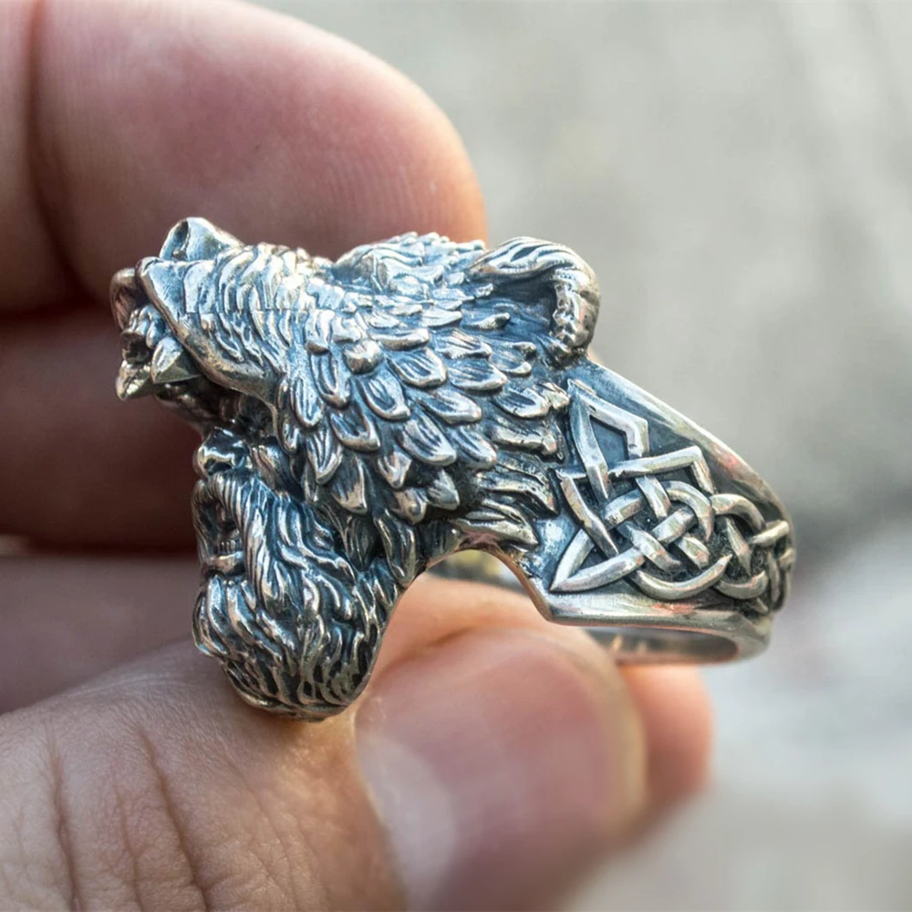 Mens Silver Color Viking Bear Warrior 316L Stainless Steel Biker Rings Vintage Vikings Nordic Jewelry